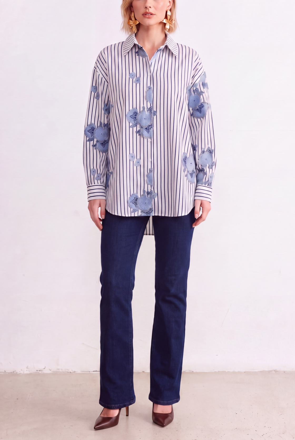 Blue Bloom embroidered stripe shirt front full view