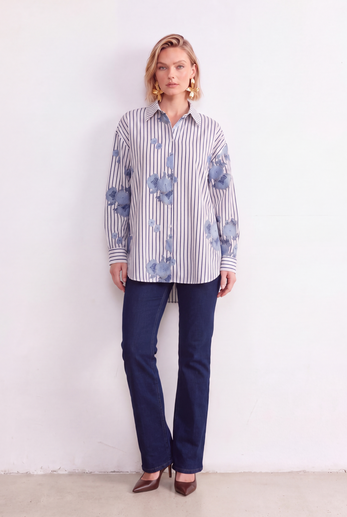 Blue Bloom embroidered stripe shirt front view