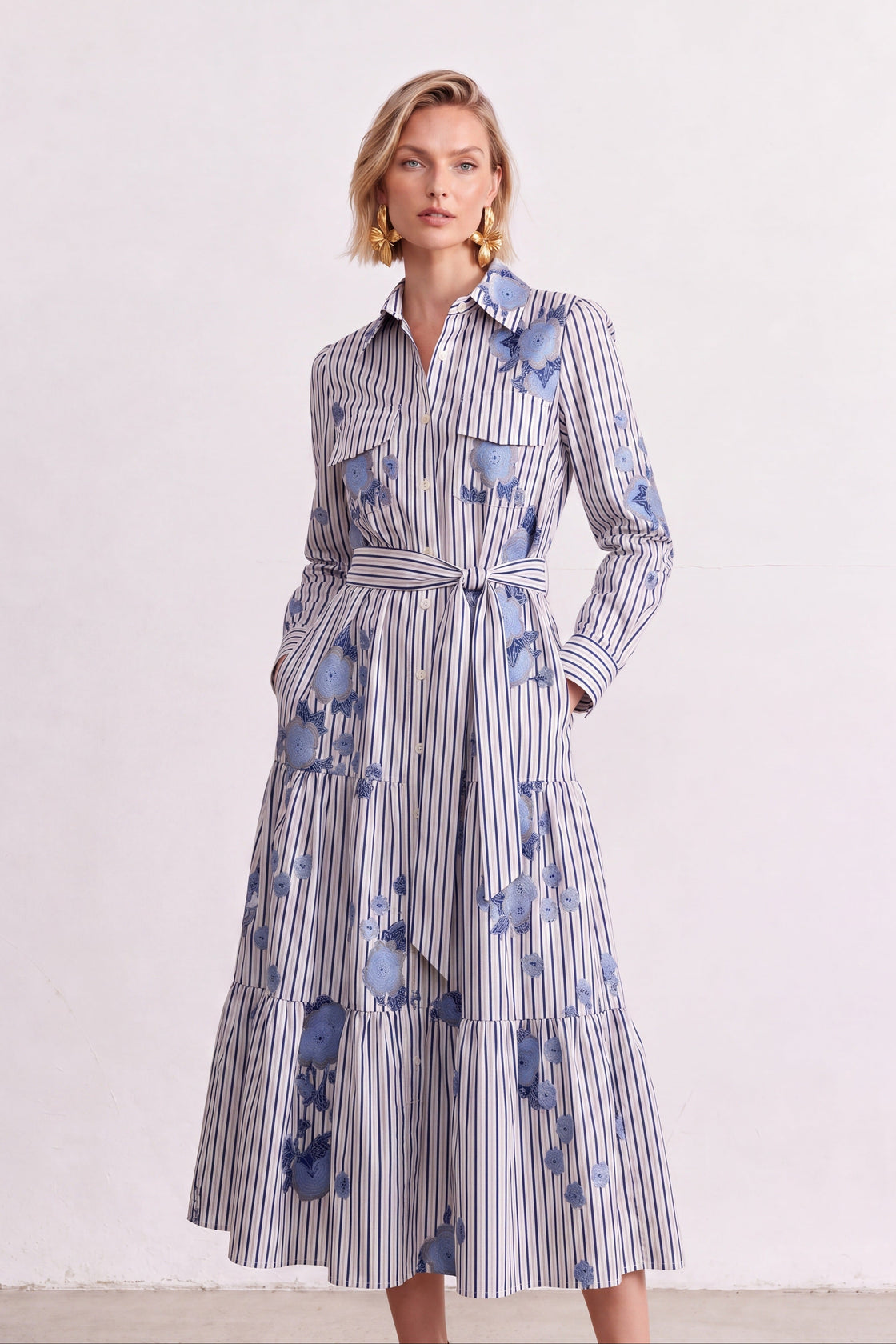 Floral-Embroidered Striped Tiered Shirt Dress — angled view