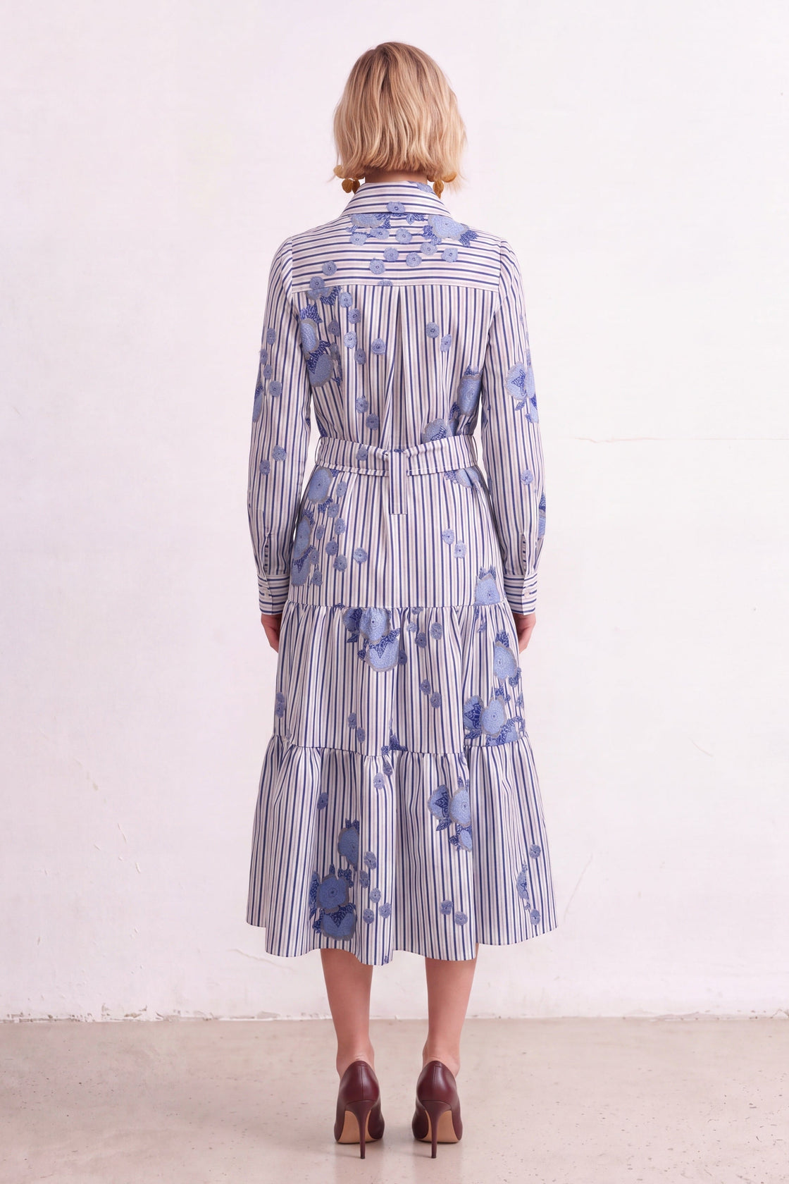Floral-Embroidered Striped Tiered Shirt Dress — back view