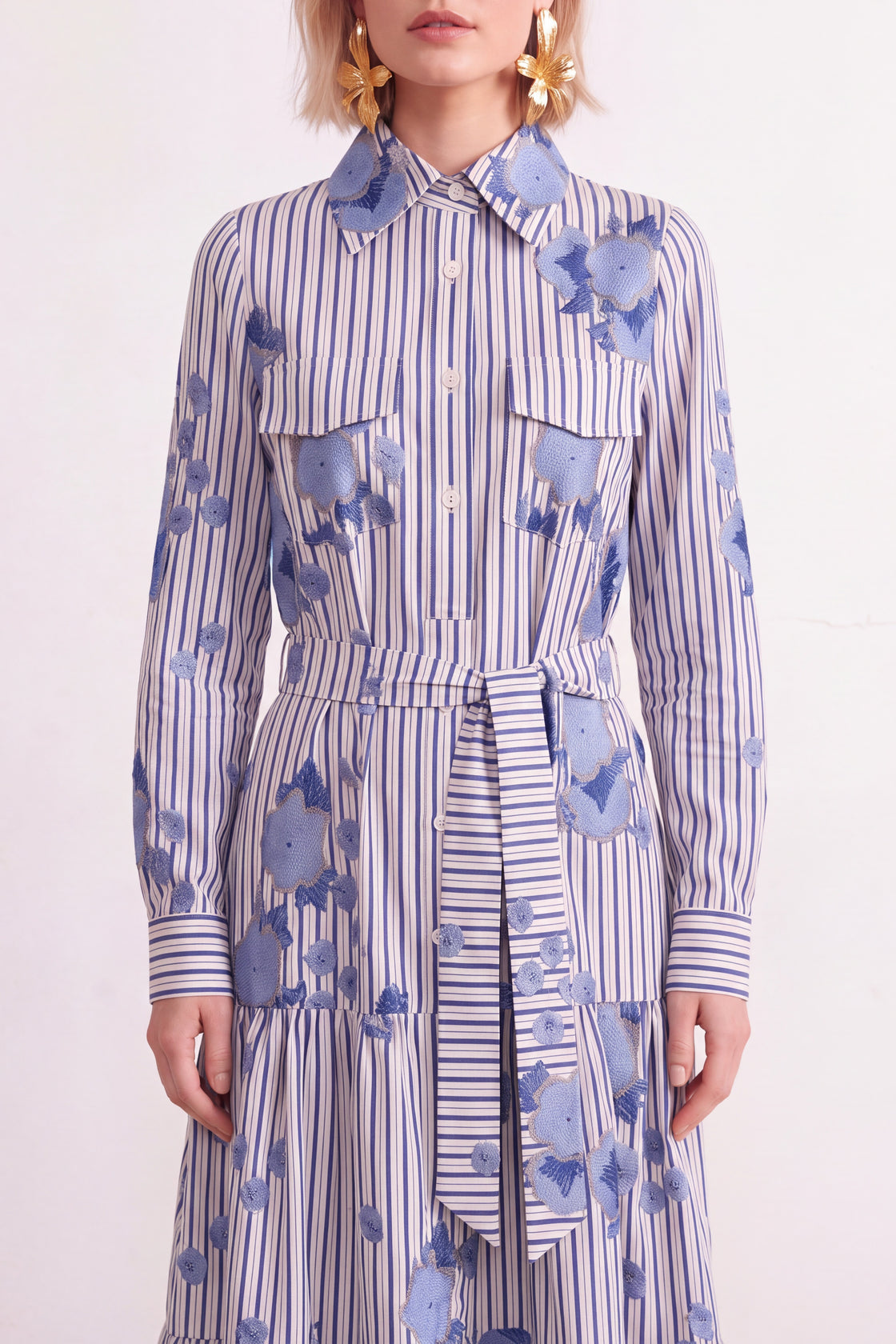 Floral-Embroidered Striped Tiered Shirt Dress — floral embroidery, collar and belt detail