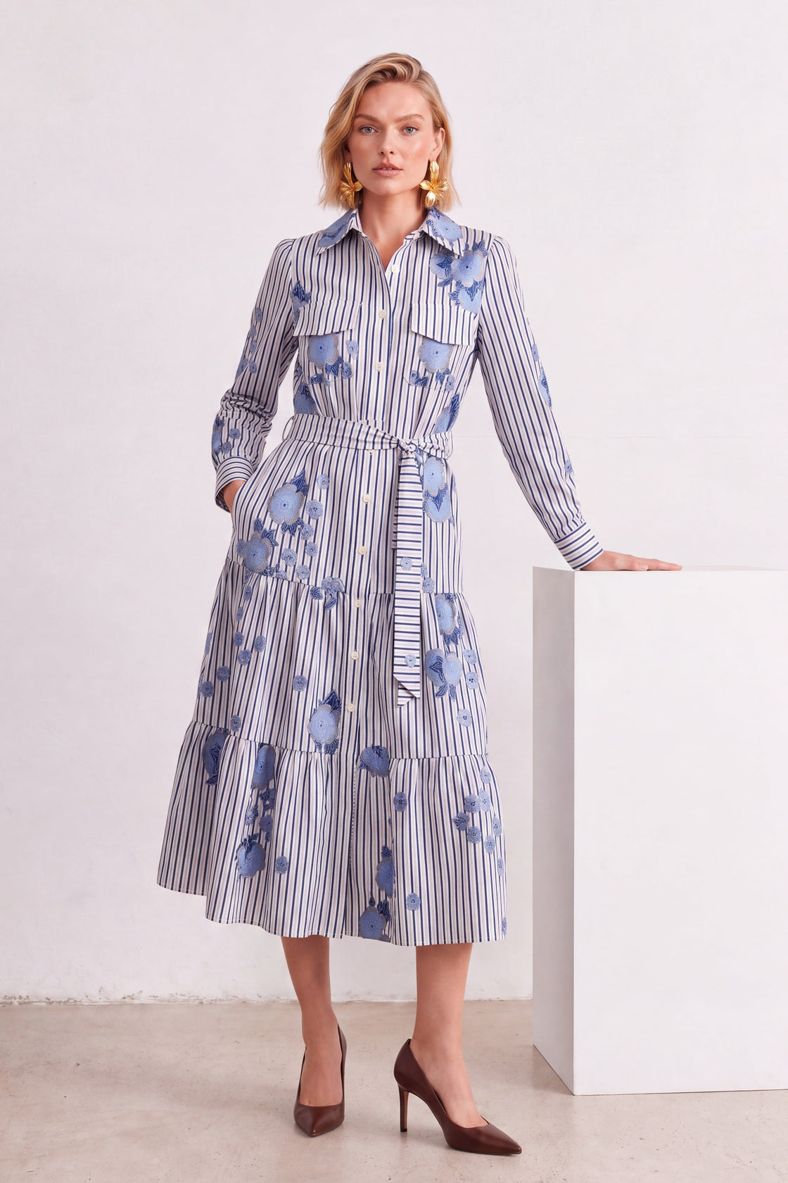 Floral-Embroidered Striped Tiered Shirt Dress — editorial view