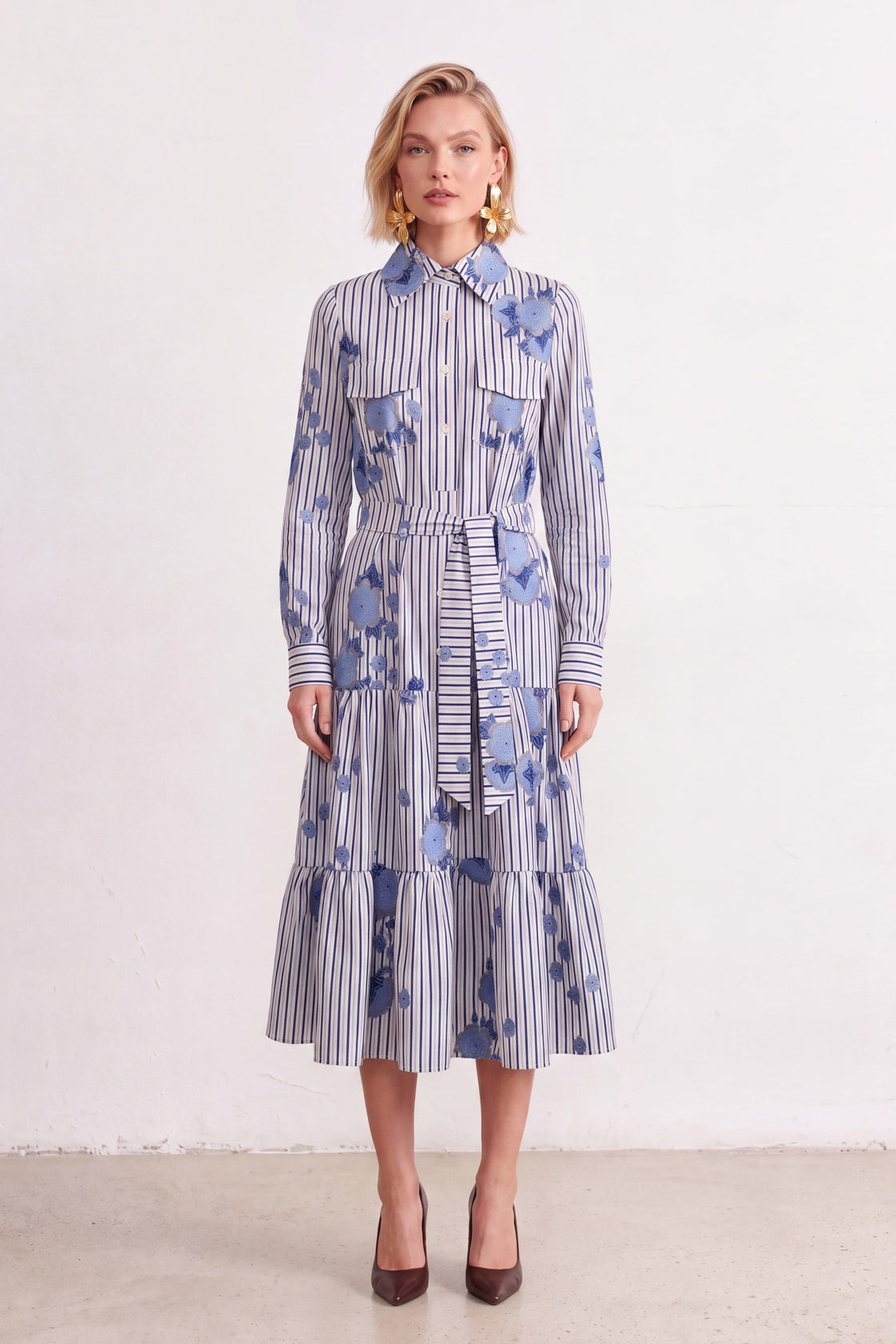 Floral-Embroidered Striped Tiered Shirt Dress — front view