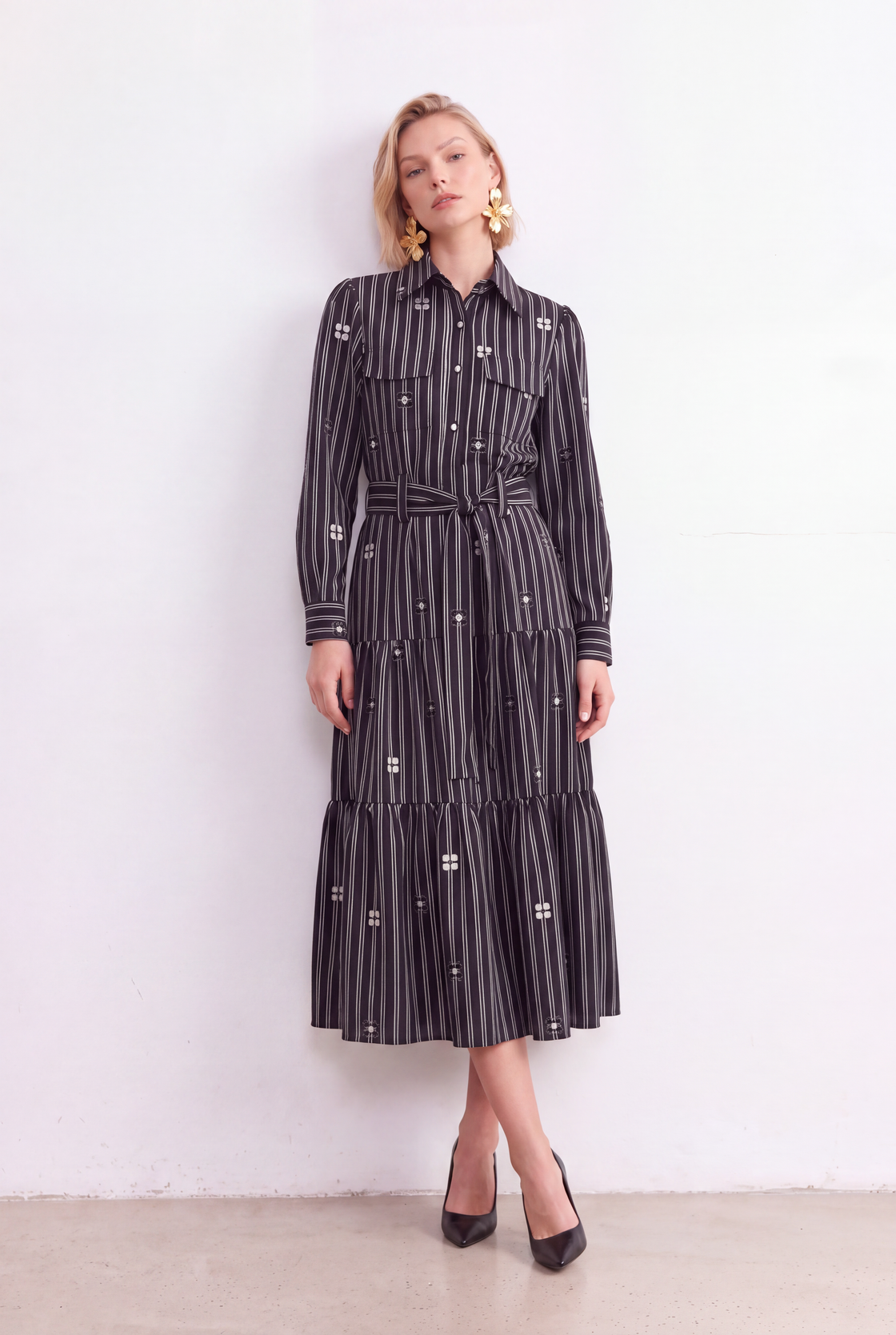Four-Petal Pinstripe Tiered Shirt Dress — alternate front view