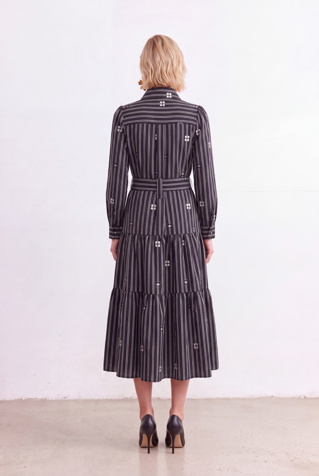 Four-Petal Pinstripe Tiered Shirt Dress — back view