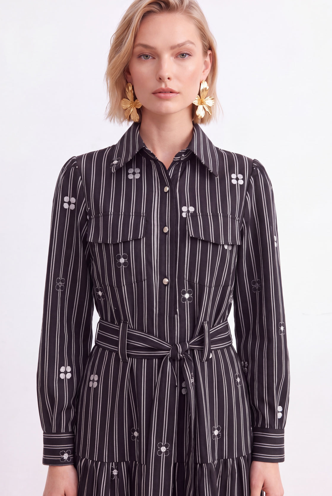 Four-Petal Pinstripe Tiered Shirt Dress — collar, chest-panel and waist detail