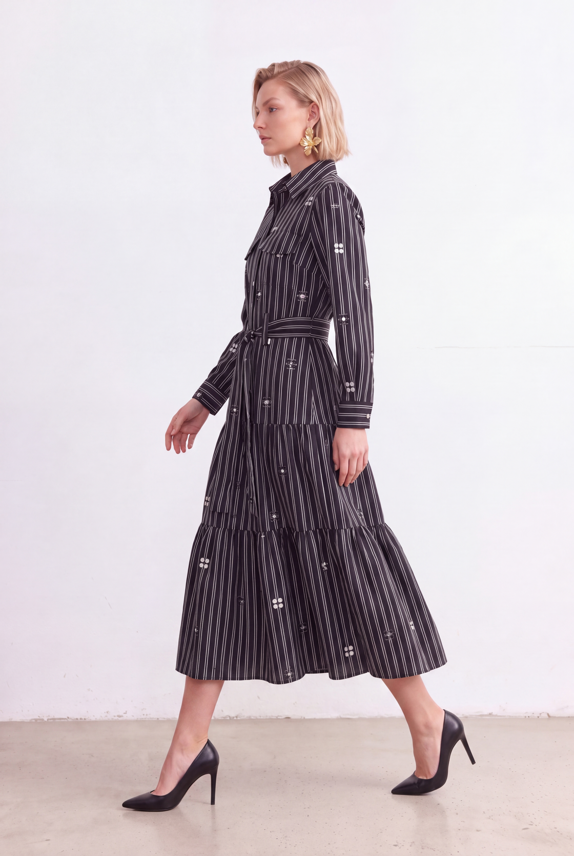Four-Petal Pinstripe Tiered Shirt Dress — editorial side view
