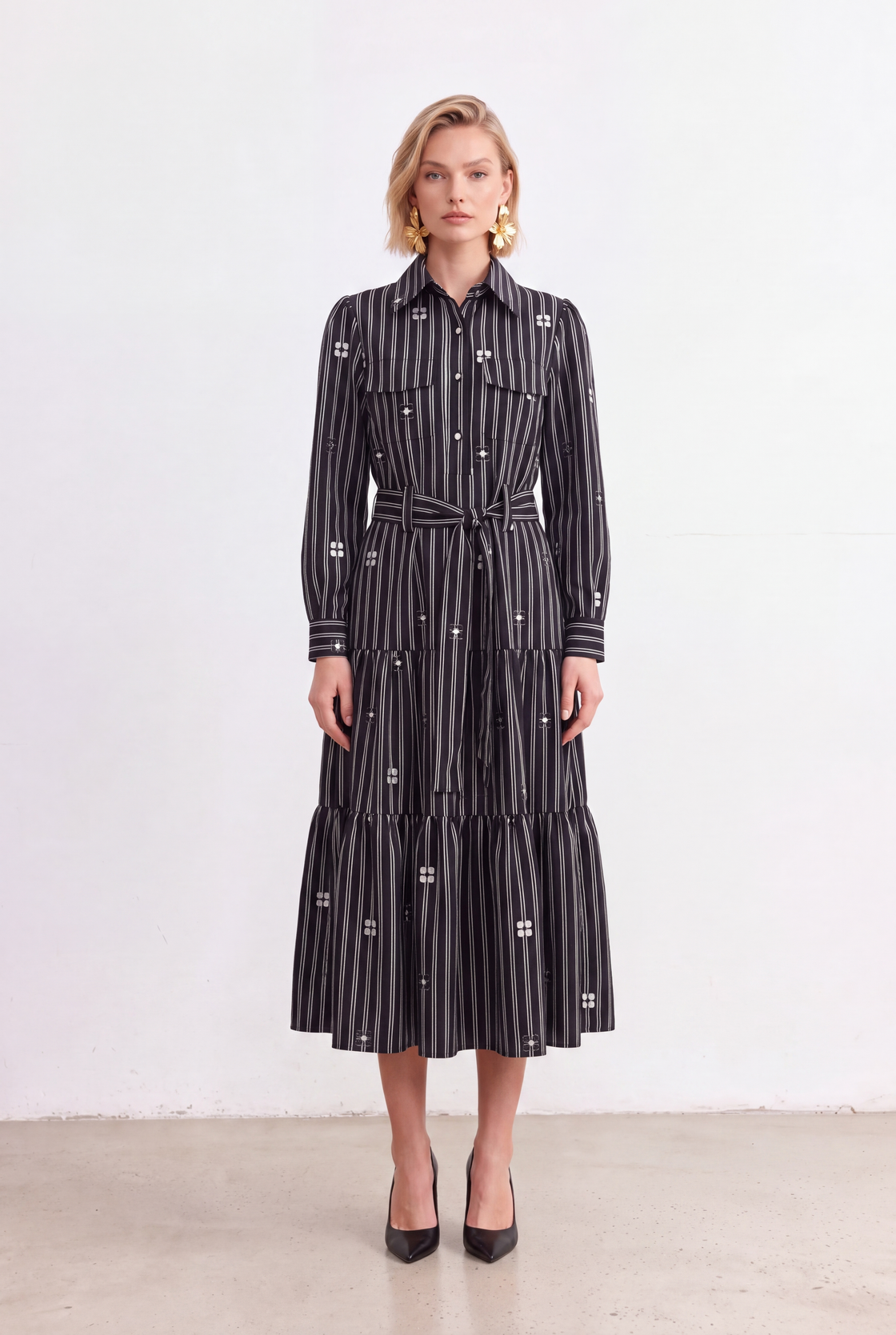 Four-Petal Pinstripe Tiered Shirt Dress — front view