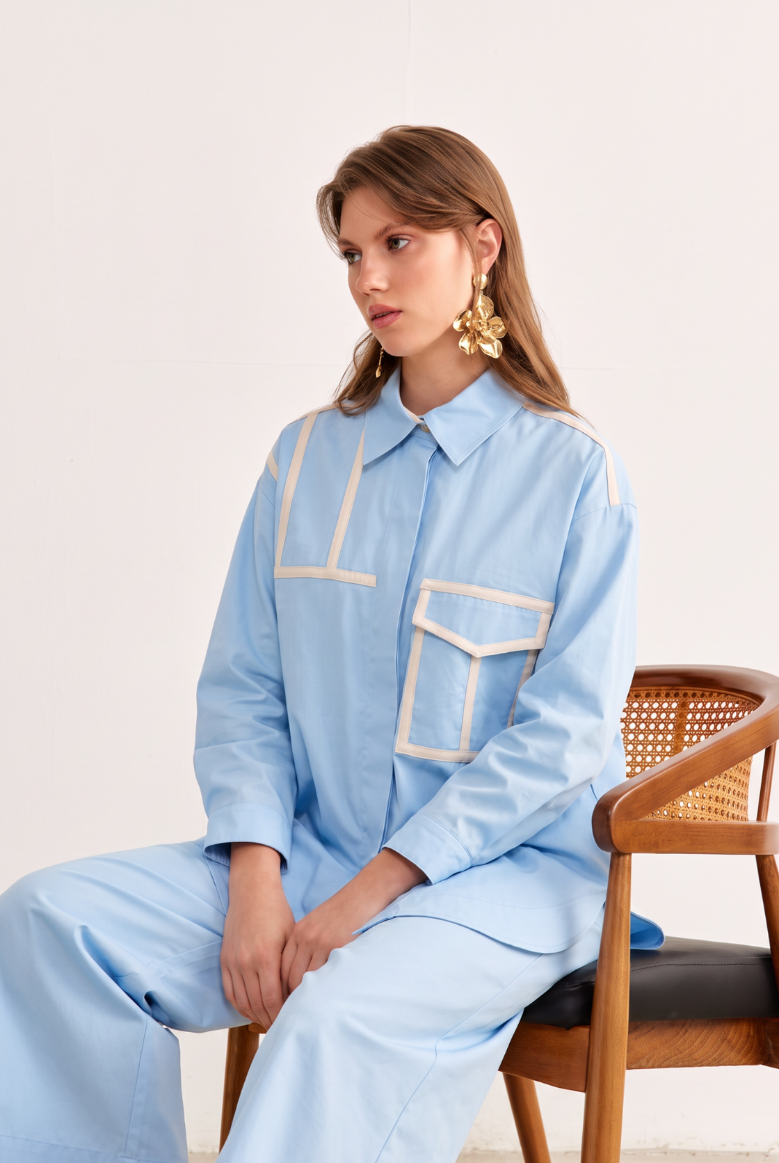 Ice Blue Contrast-Trim Set editorial seated view