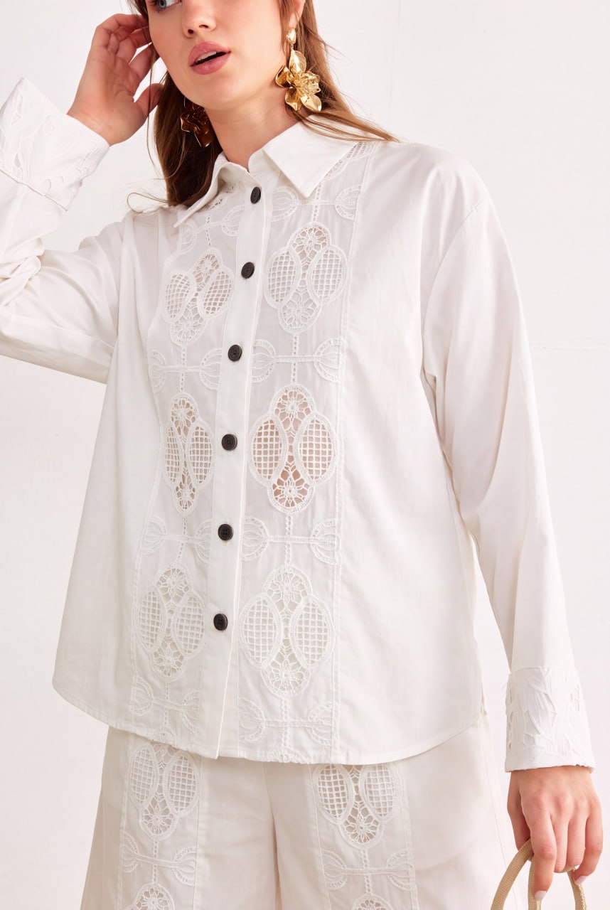 Ivory Guipure Embroidered Set shirt detail