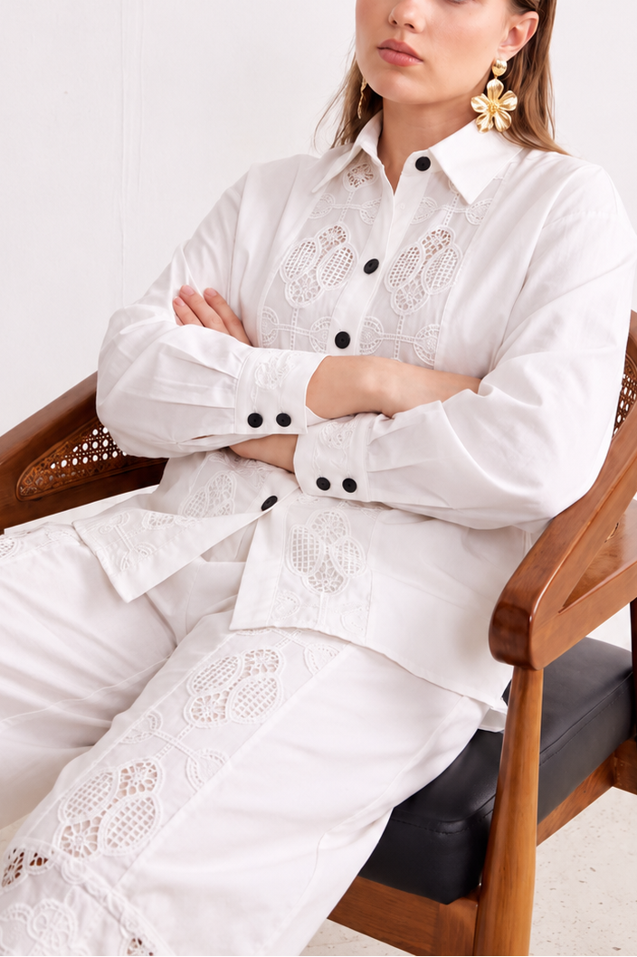 Ivory Guipure Embroidered Set seated styling view