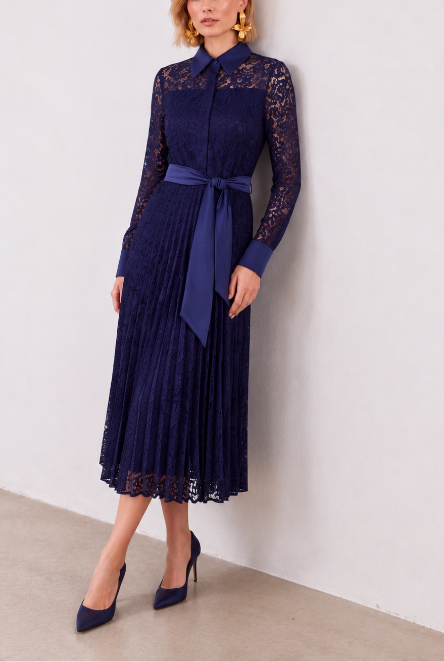 Midnight Navy Lace Belted Midi Dress angled view