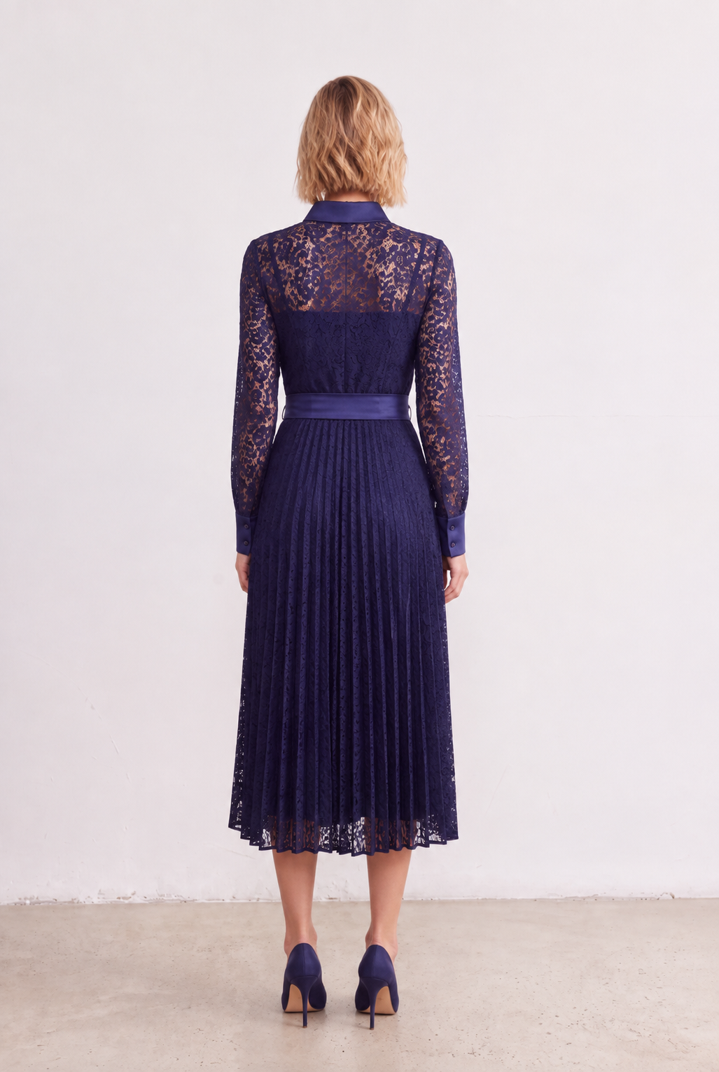 Midnight Navy Lace Belted Midi Dress back view