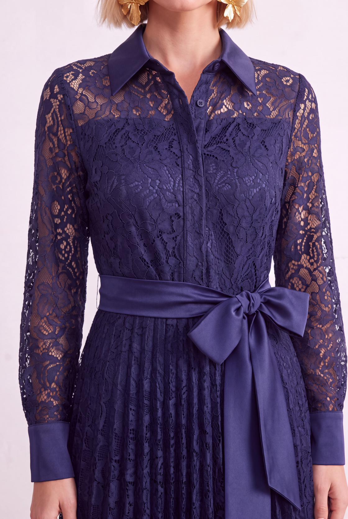 Midnight Navy Lace Belted Midi Dress lace and belt detail