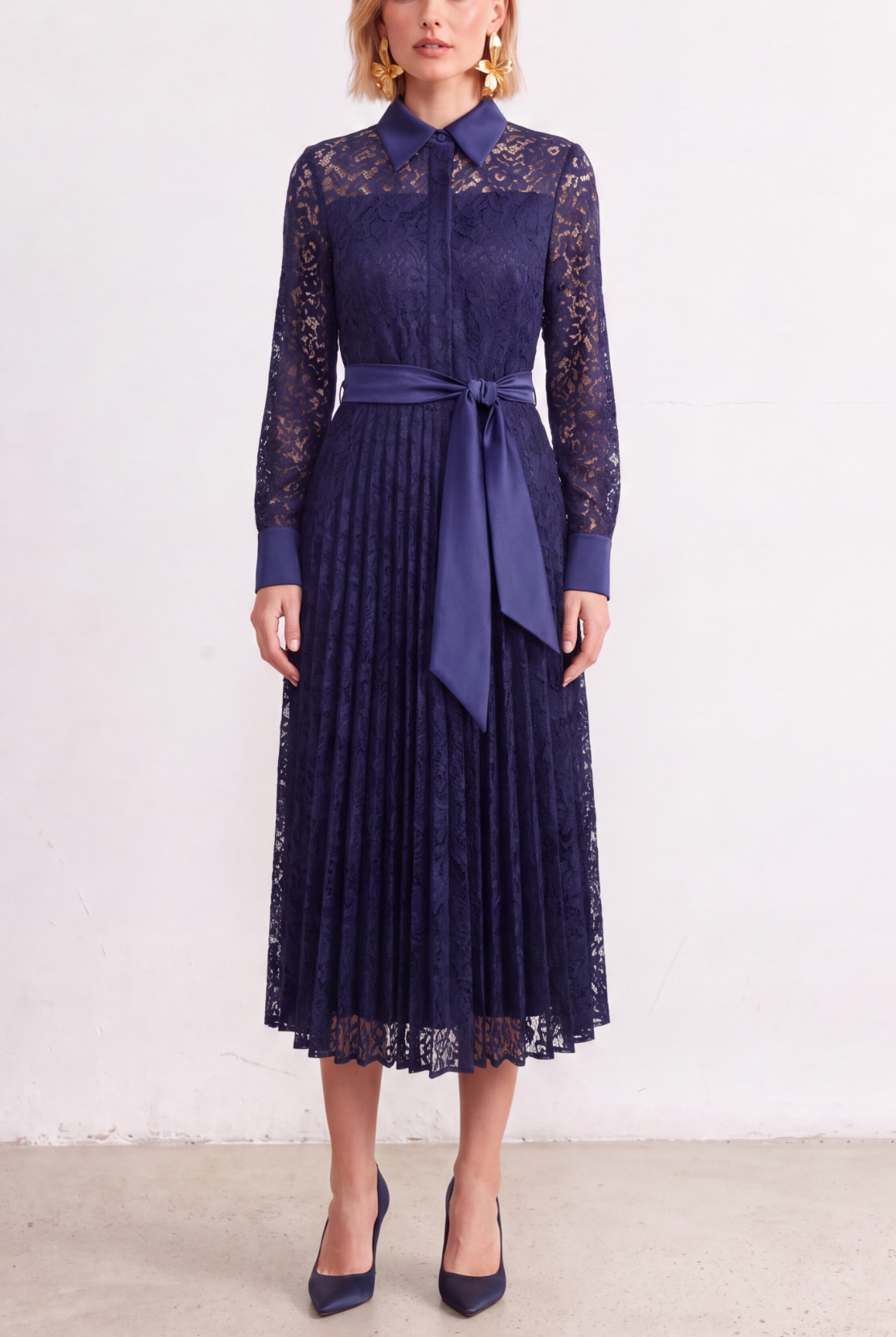 Midnight Navy Lace Belted Midi Dress front view