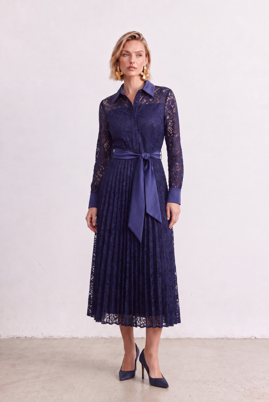 Midnight Navy Lace Belted Midi Dress full-length view