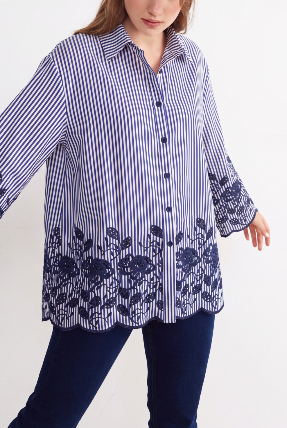 Navy Bloom Embroidered Stripe Shirt floral embroidery detail