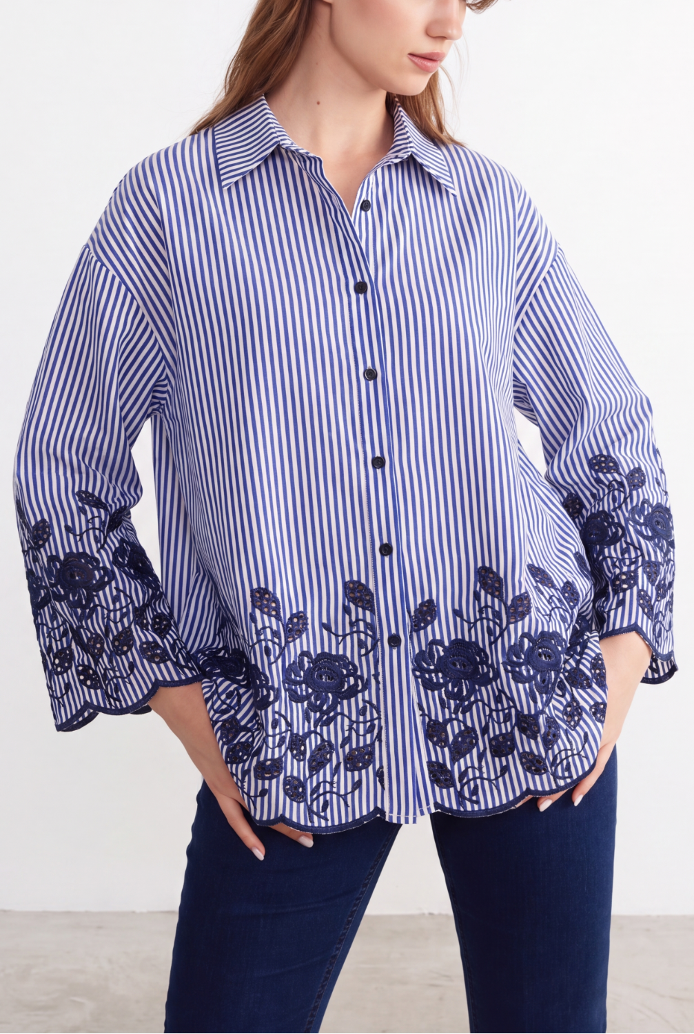 Navy Bloom Embroidered Stripe Shirt front editorial view