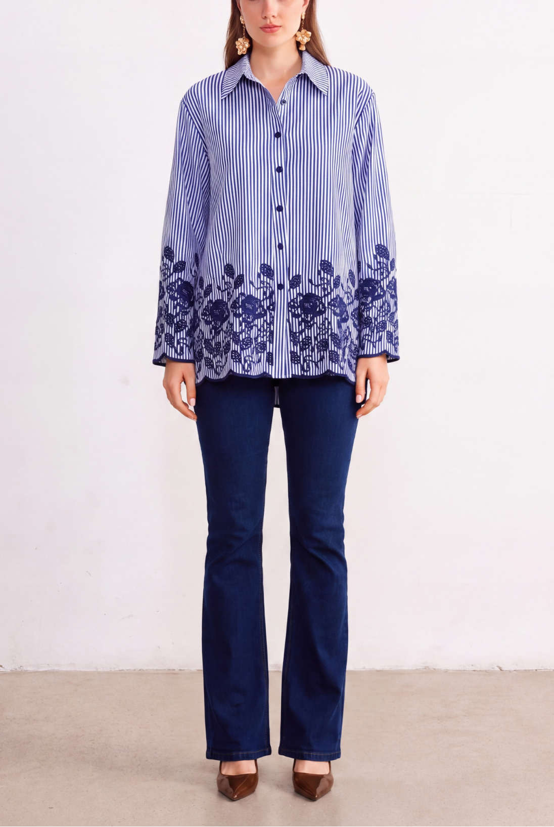 Navy Bloom Embroidered Stripe Shirt front full-length view