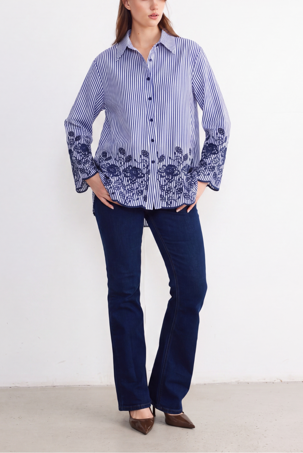 Navy Bloom Embroidered Stripe Shirt styled front view