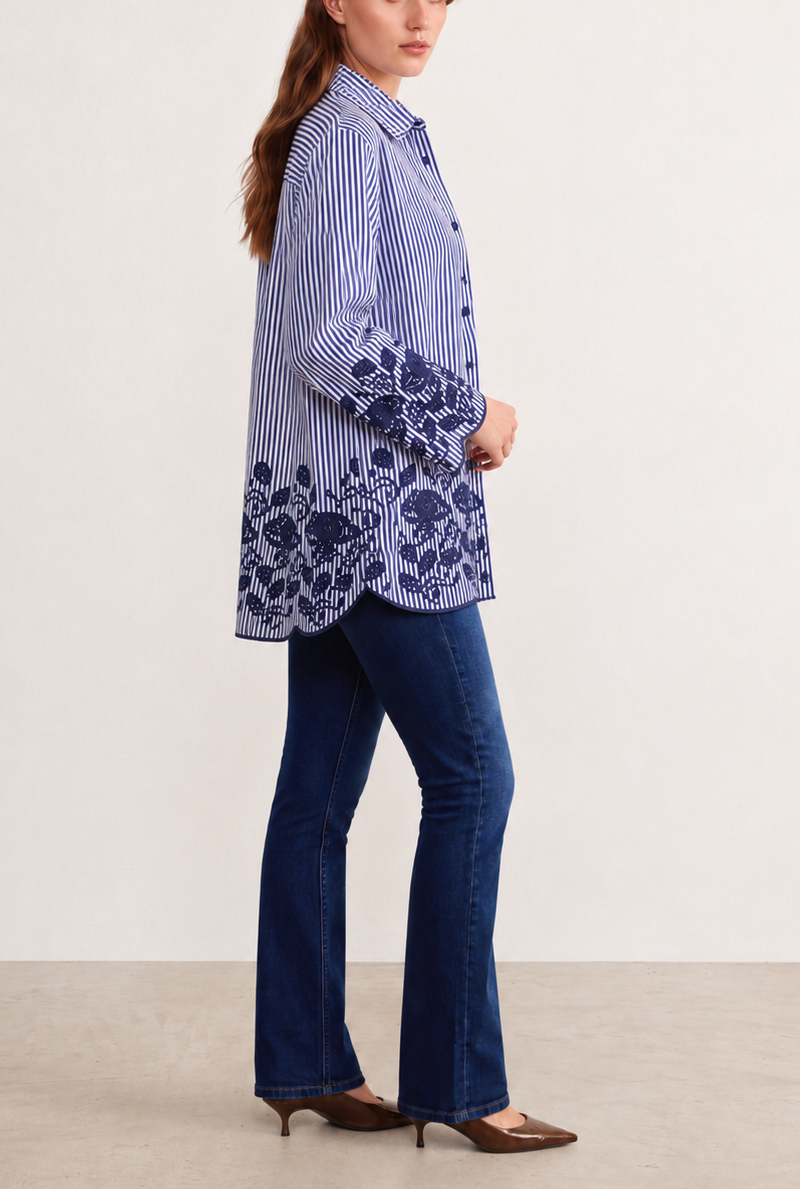 Navy Bloom Embroidered Stripe Shirt side view