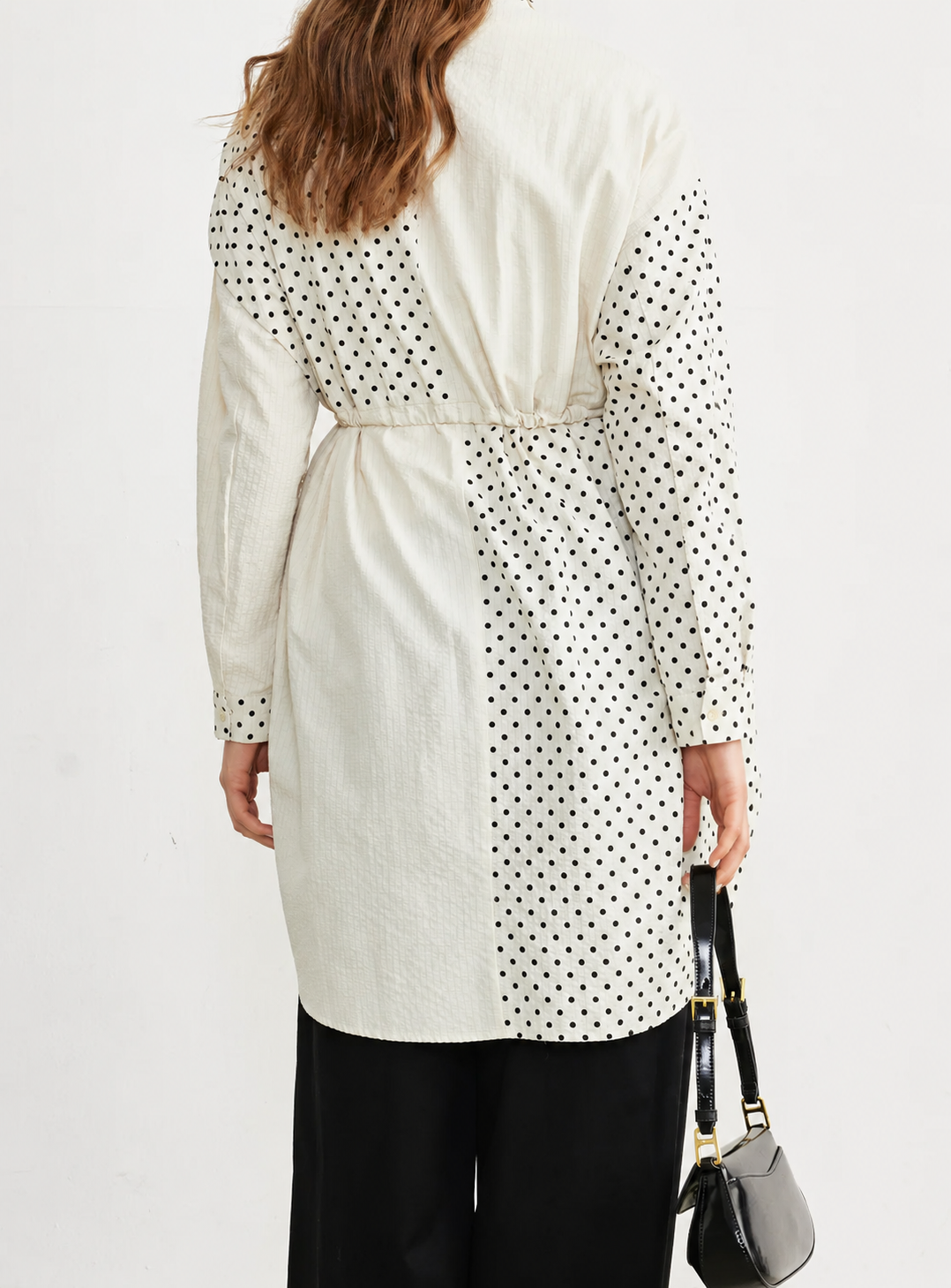 Polka-Dot Panelled Drawstring Shirt Tunic — Ivory/Black